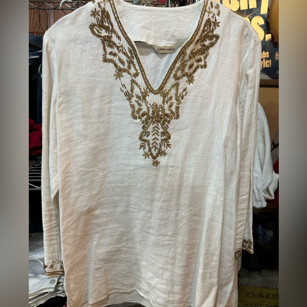 Beaded White Linen Laura Ashley Tunic size smaller